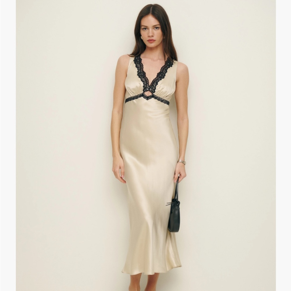 Reformation Cream Slip Dress with Black Lace
